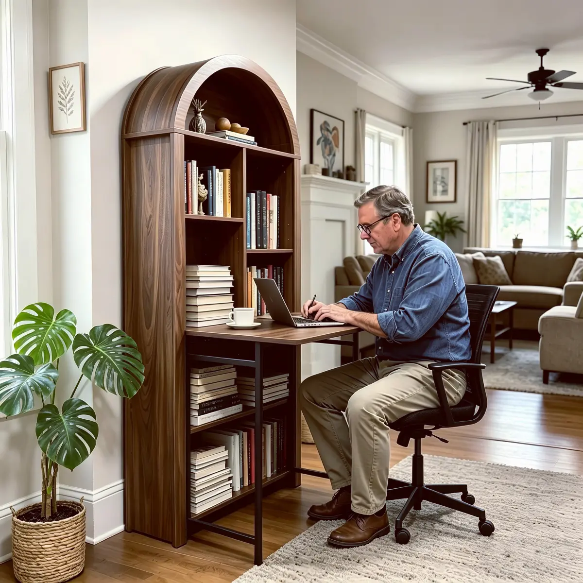 Fahuac Wall-Mount Fold-Out Convertible Desk with Storage Shelves - Modern Farmhouse MDF Hideaway Bookshelf Desk for Small Spaces, Arched Top (White or Walnut, Requires Assembly)