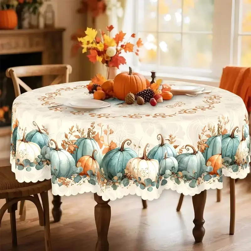 2D Flat Party Tablecloth, Fall Polyester Tablecloth, Vintage Pumpkin Leaf Round Tablecloth, Perfect for Thanksgiving Decor, Ideal Holiday Gift