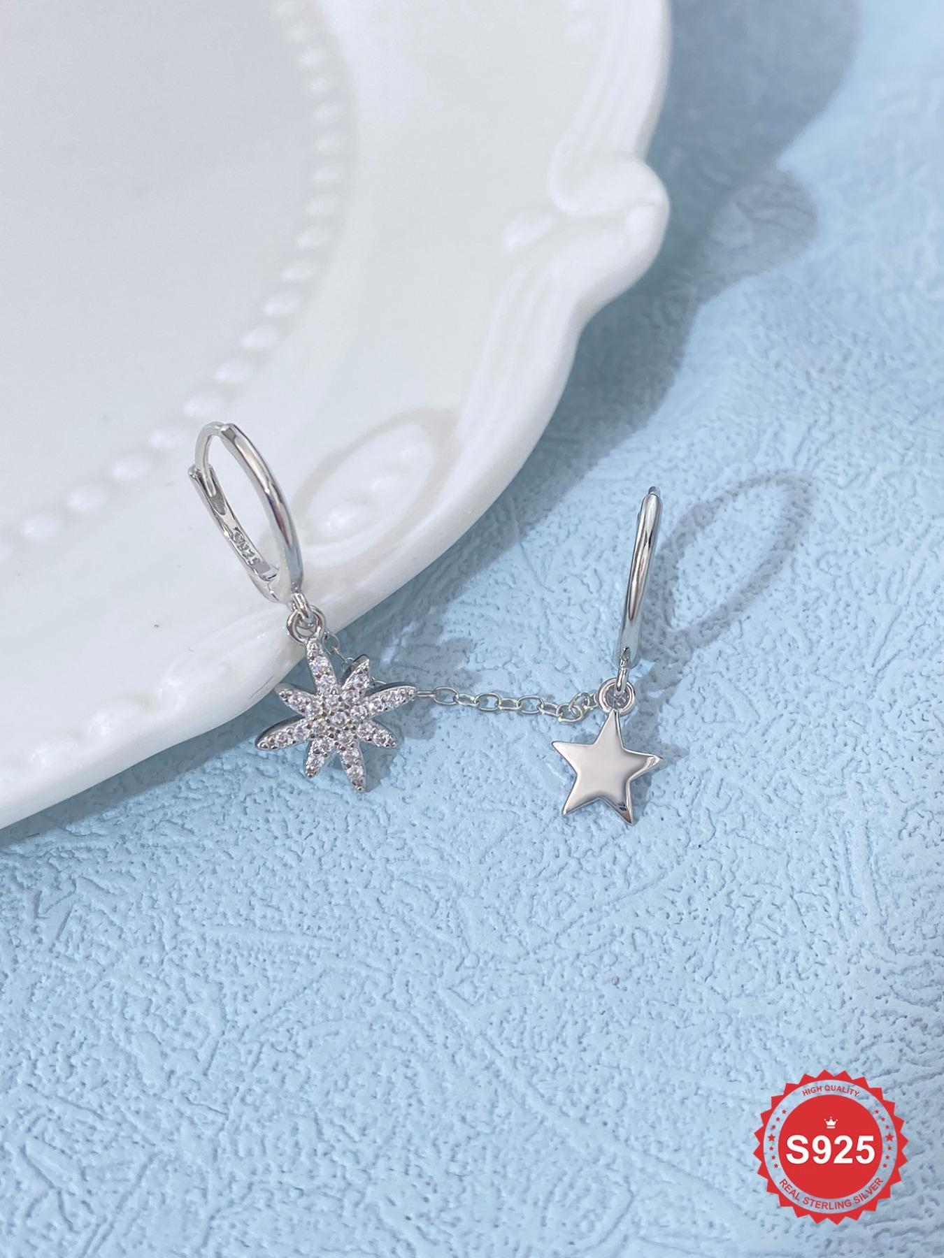 925 Sterling Silver Chain Design Earrings, Double-Threaded Eight-Pointed Star Zircon Drop Earrings, Stud Earring for Women, Fine Jewelry Gift, Elegant Minimalist Earrings