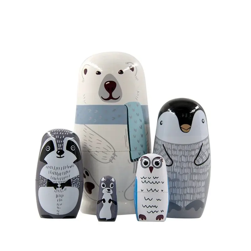 5pcs/set Polar Bear Home Decor Set, Handmade Wooden Russian Nesting Dolls, Matryoshka Dolls,Stacking Toys, Kids Educational Gifts, Holiday Presents