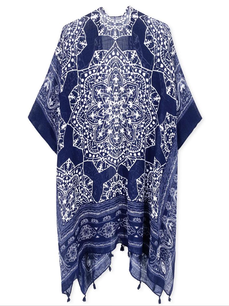 Women's Ethnic Pattern Fringe Trim Kimono Cover Up, Boho Batwing Sleeve Open Front Cover Up, Ladies Summer Clothes for Beach Holiday Vacation, Beach Cover Ups, Swimwear Cover Up