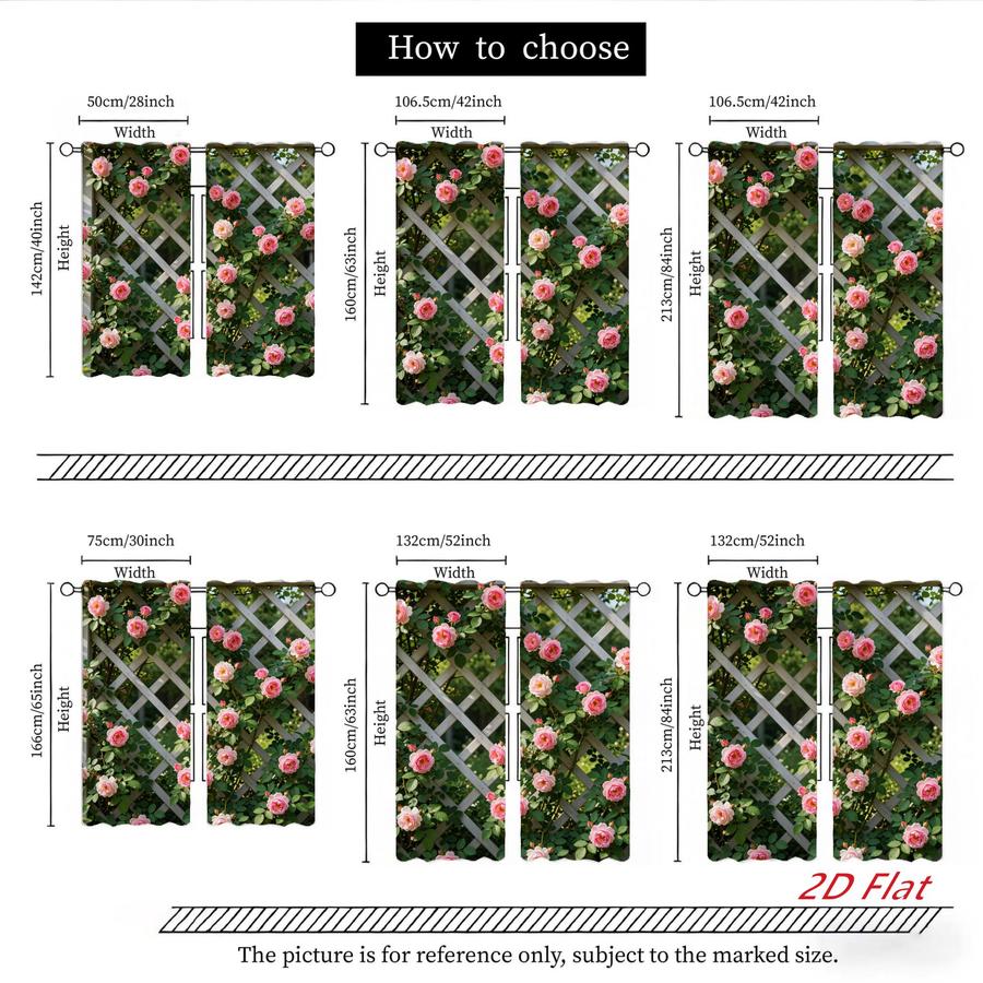 2Pcs Aesthetic Cottagecore Pink Rose Garden Trellis Sun Blocking Curtains Digital Printed Rod Pocket, Window Treatment For Bedroom Office Kitchen Living Room Study Home Decor