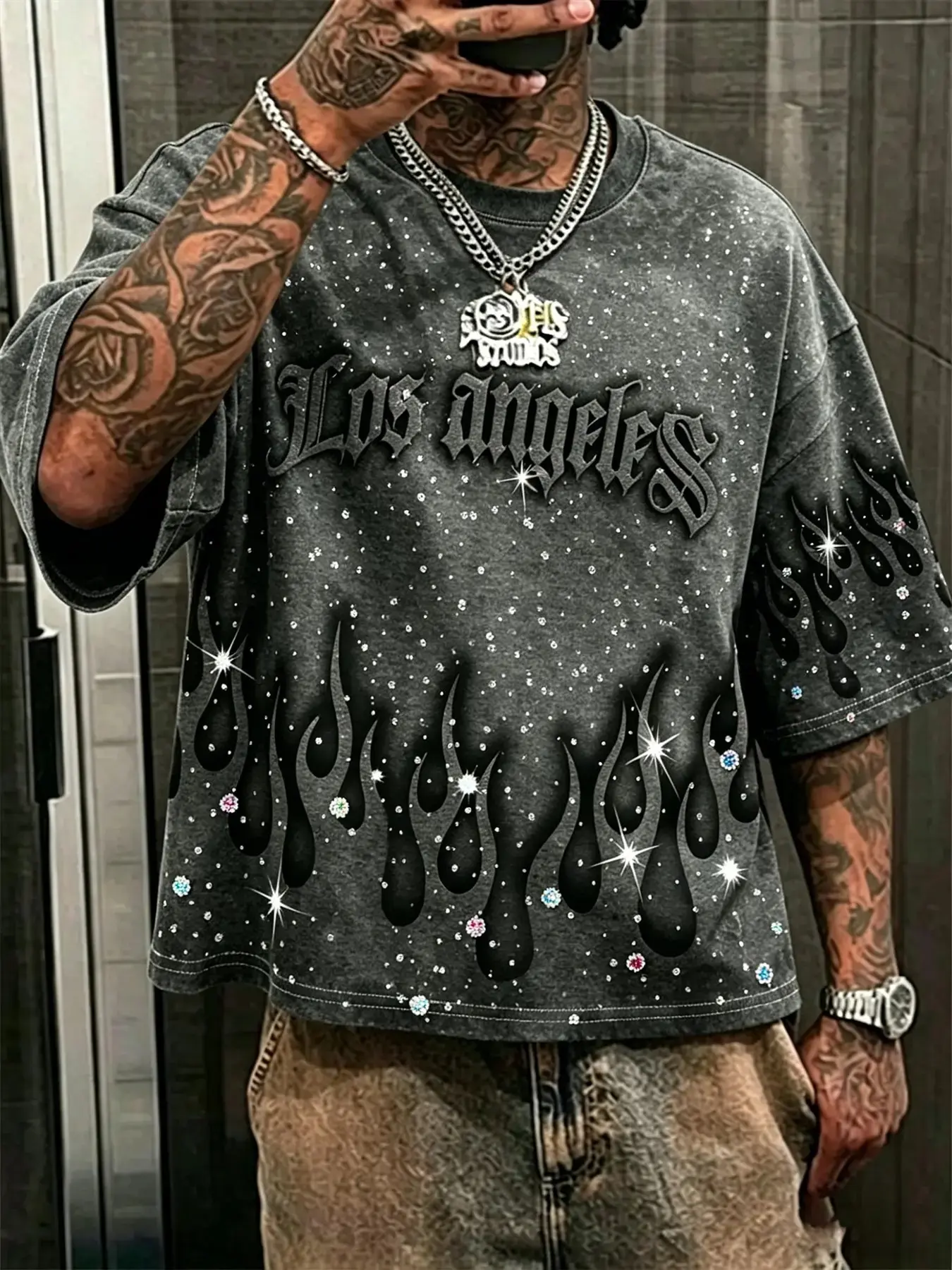 Men's Flame Print Short Sleeve Crewneck Top, Casual Loose-Fit Long Shirt, Letter Pattern Design, Perfect for Couple, Eye-Catching Style, Streetwear, Menswear