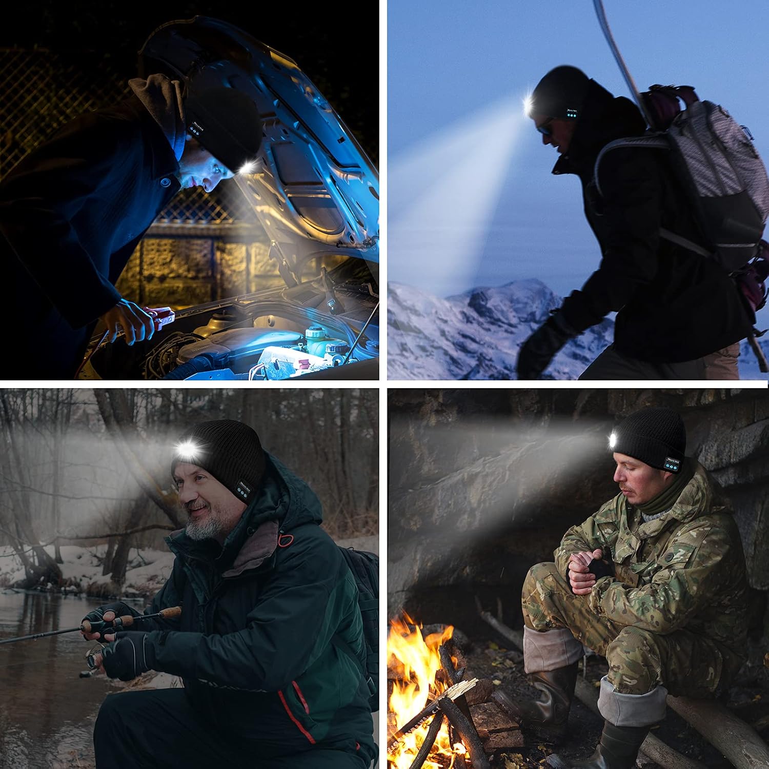 Bluetooth Beanie with LED Headlight and Removable Speaker, USB Rechargeable Wireless Knit Winter Cap Built-in Microphone for Music and Calling, Unisex Christmas Birthday Gift for Men Him Husband Teen