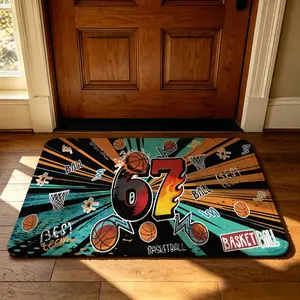 A rectangular indoor basketball-themed floor mat with the number 67 and the slogan "BASKETBALL". The mat features a patterned design with a soft, machine-washable surface made of silicone and fleece. It's suitable for use as a door mat to prevent d