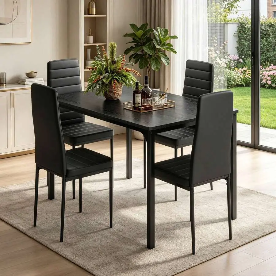 5 Pieces Dining Table Set For 4, New Year Kitchen Table Set With 4 Upholstered PU Leather Chairs For Dining Room, Living Room, Apartment, Small Space