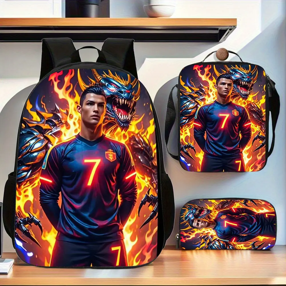 3PCS Water Resistant Backpack Set, CR7 Ronaldo Dragon Flame Neon No.7 Jersey Print Backpack Insulated Lunch Bag Pencil Case 600D Oxford Football Superstar Fans Student Daily Kit