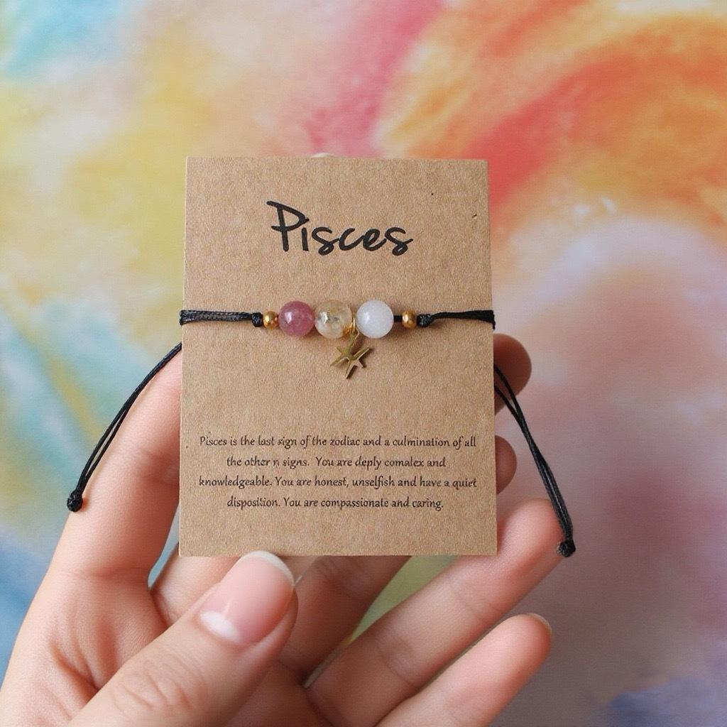 New 12 Zodiac Handmade Braided Rope Bracelet for Women| Citrine Crystal Natural Stone Beaded Cord Bangle| Astrology Jewelry with Gift Card