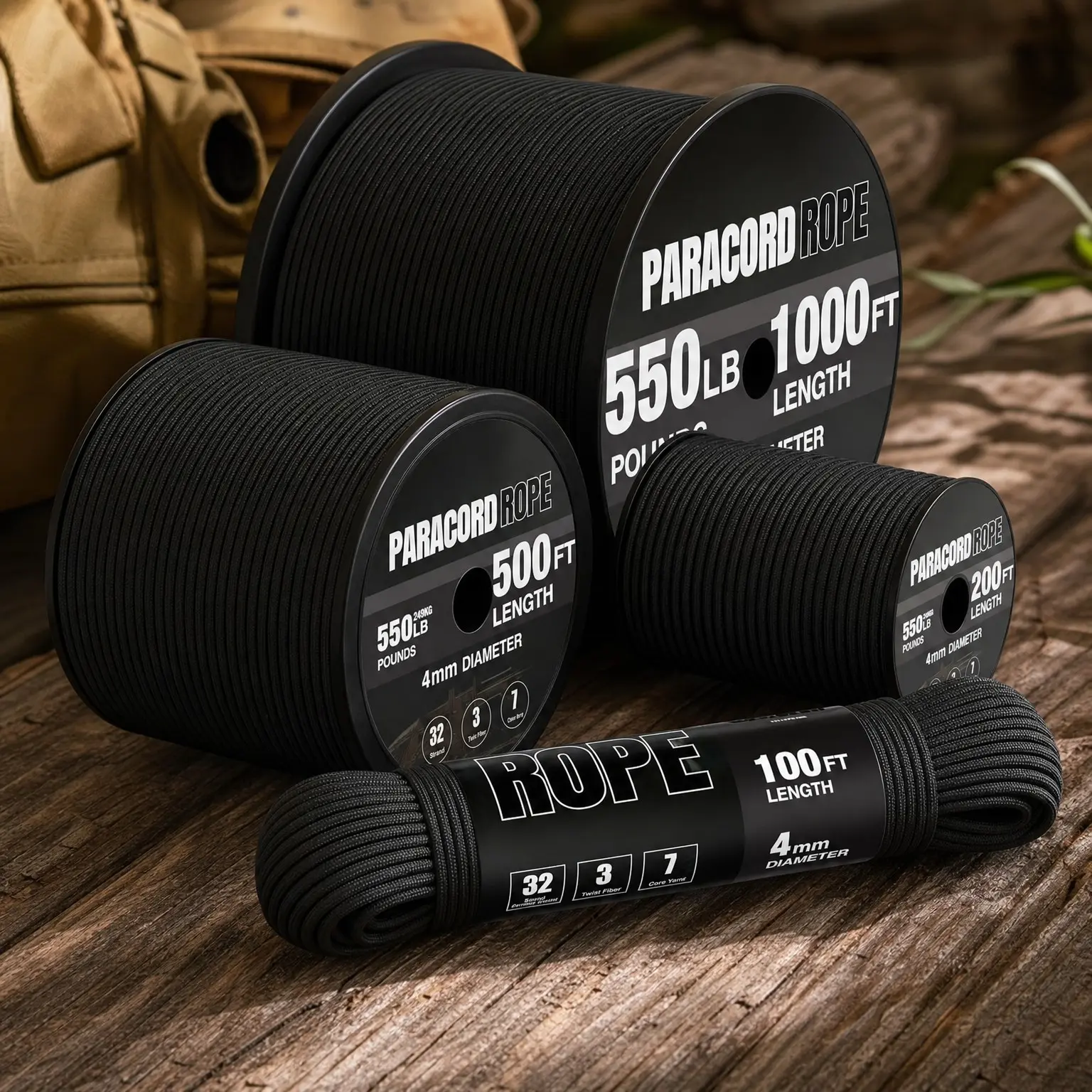 Heavy Duty 550lb Paracord 100ft Spool - 5/32" 4mm 7-Strand Parachute Cord for Survival, Camping Gear, Survival Bracelets, Clothesline - Black