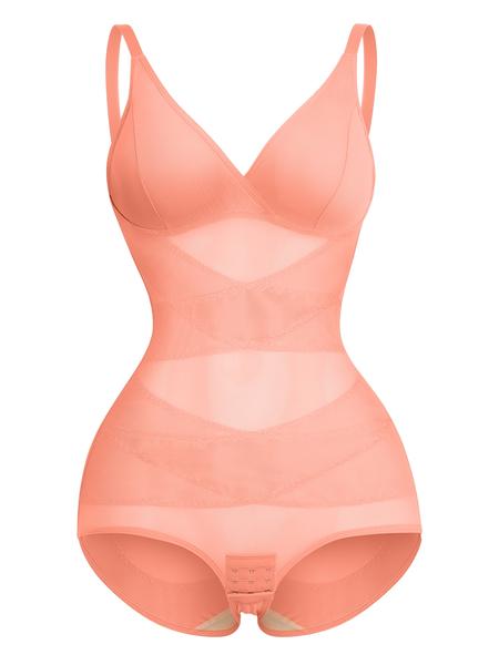 Women's Sheer Mesh Bodysuit High Elastic Breathable Fabric V Neck Full Body Shaping Underwear, Casual All Season Wear, Shapewear