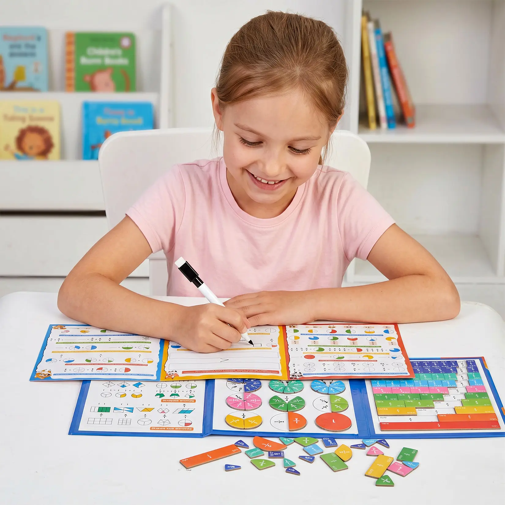 Tri-Fold Magnetic Fraction Set, Portable Magnetic Fraction Manipulatives Kit for Kids Math Learning, Includes Fraction Magnets, 4 Double-Sided Test Cards, 1 Activity Card, 3 Dry Erase Markers & Storage Bag, Homeschool Math Educational Book