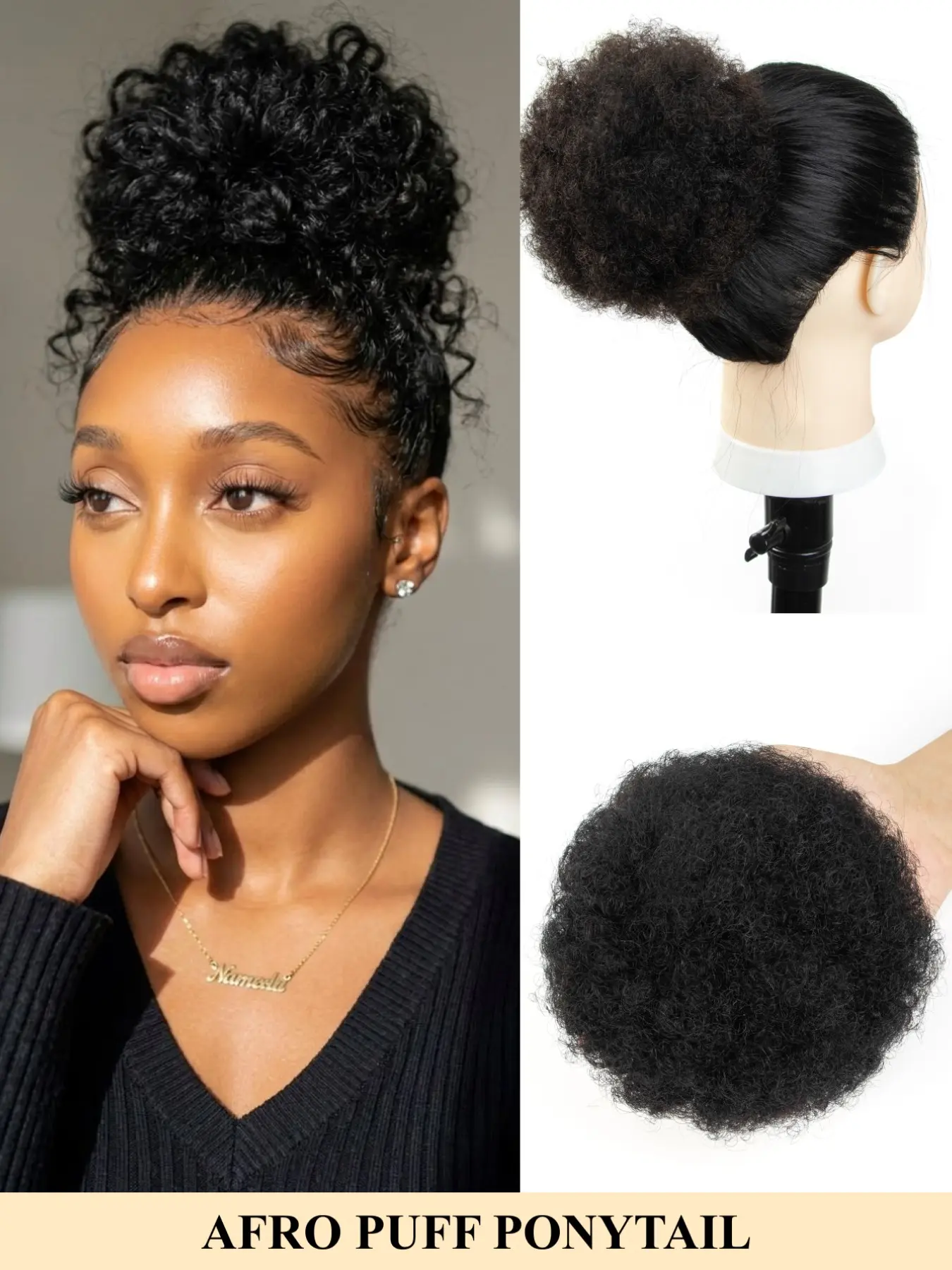 Afro Kinky Curly Drawstring Ponytail Clip-In Afro Puff Bun, Big Fluffy Curly Hair Extension for Natural Short Hair, Black Brown Hairpiece for Daily Wear