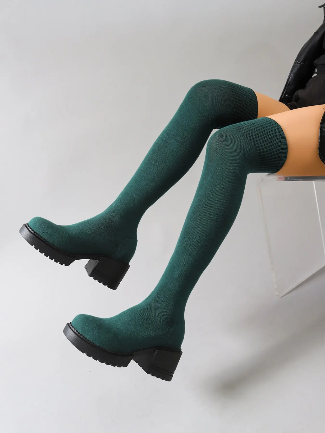 New Fashion over the Knee Boots, Elastic Flyknit, Thick Heel, Waterproof, Tall Sock Boots, Plus Size, Slimming, Long Leg Women's Boots, All Match Boots