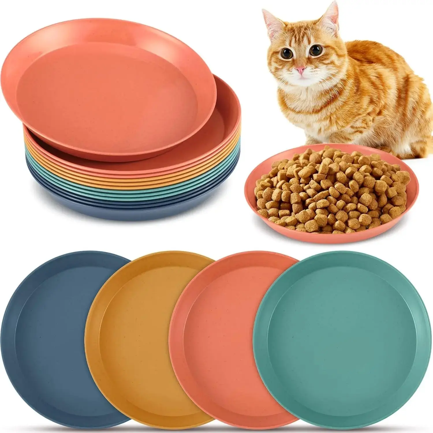 12pcs Cat Bowl Set, 6 Inch Round Shallow Food Dish, Wet Feeding Bowls for Kittens, Vintage Colors, Wheat Straw Material