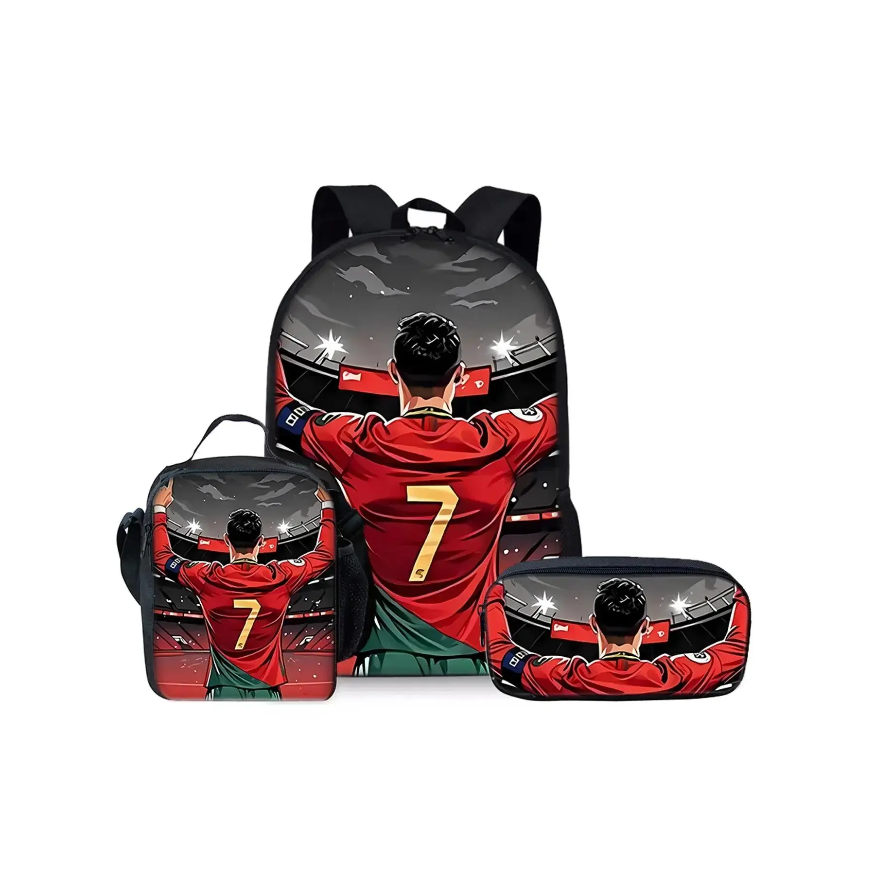 Football Elements Pattern Printed 17-inch Backpack for School Three-piece Set (Single-layer Backpack + Shoulder Strap Lunch Bag + Single-layer Pencil Bag)