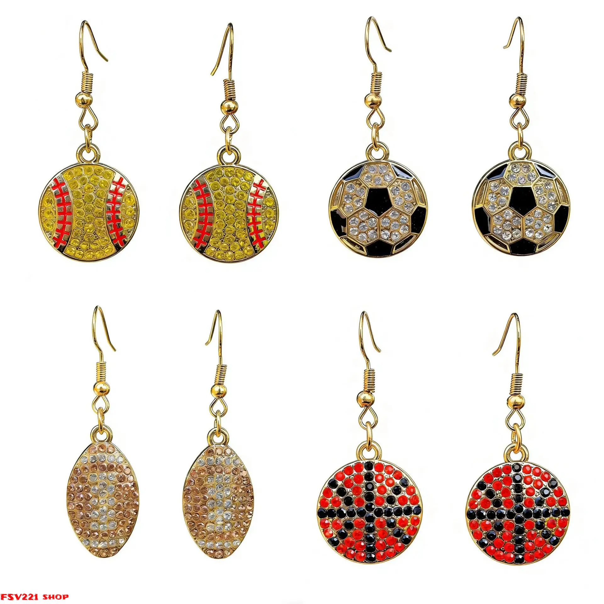 Rhinestone Sports Ball Statement Hook Earrings for Women, Sparkly Lightweight Dangle Jewelry with Baseball, Basketball & Soccer Designs, Statement Earring, Fashionable Jewelry Accessories, Earrings Set, Secure Hook campingessentials