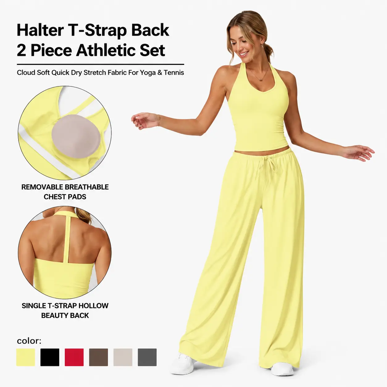Women's 2 Piece Summer Athleisure Set, Halter V Neck T-Strap Back Crop Tank & Adjustable Drawstring Wide Leg Pants, Soft Polyester-Silk Quick Dry Cooling Breathable Workout Outfit, Figure Flattering Gym Travel Loungewear Sweatsuit Seamless Sports athletic