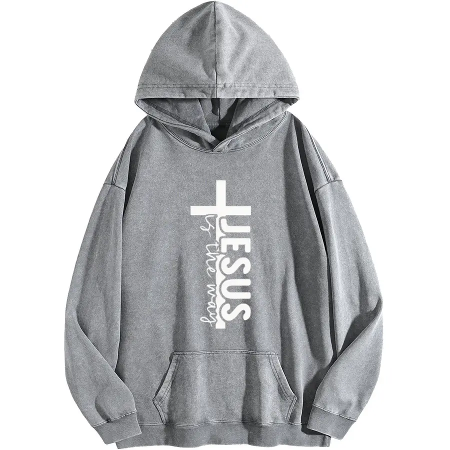 Wayii Vintage Washed Gray Oversized Hoodie - Jesus Is The Way Cross Christian Scripture Graphic Pullover Sweatshirt, Casual Retro Faith Streetwear Loungewear For Men Women