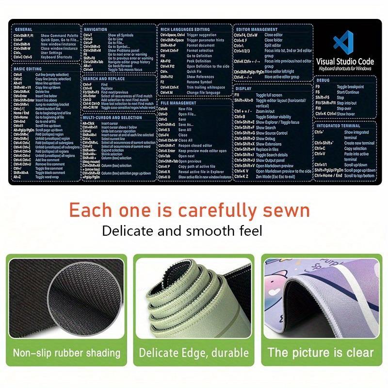 Coding Visual Studio Code Shortcuts Keyboard Mouse Pad, Non-slip Rubber Base Stitched Edge Desk Pad, Office Desk Accessories for Laptop Desktop