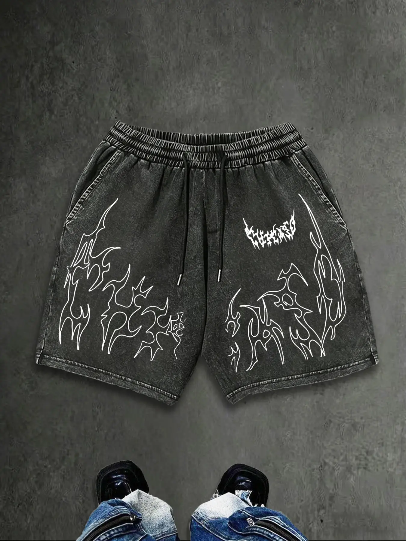 Men's Thorn Graffiti Print Washed Denim Shorts, Loose Fit, Oversized, Drawstring Waist, Vintage Punk Style, Breathable and Durable, Summer Streetwear