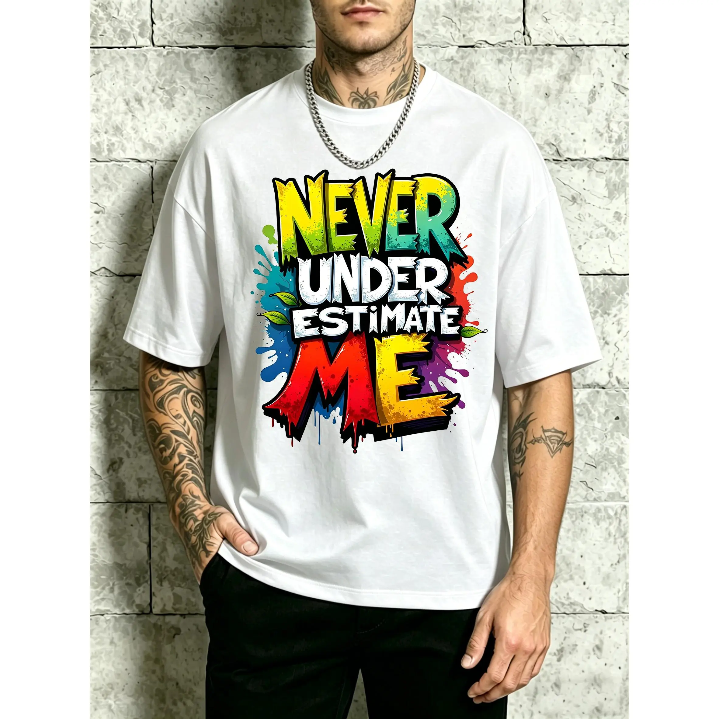Men's Graffiti Style T-Shirt with 'Never Underestimate Me' Print, Casual Loose Fit Round Neck Top in 100% Soft Cotton