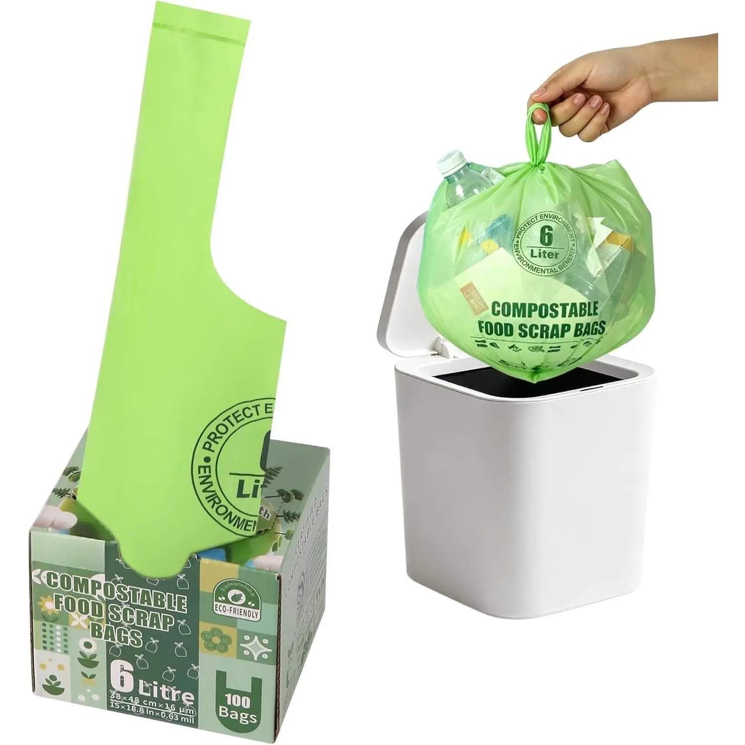 Small Compostable Trash Bags with Handles for Countertop Bin 6L,1.2 Gallon 100 Count Green  Recycle Bags for Kitchen,  Bag with TUV and OK Compost  and BPI Certified