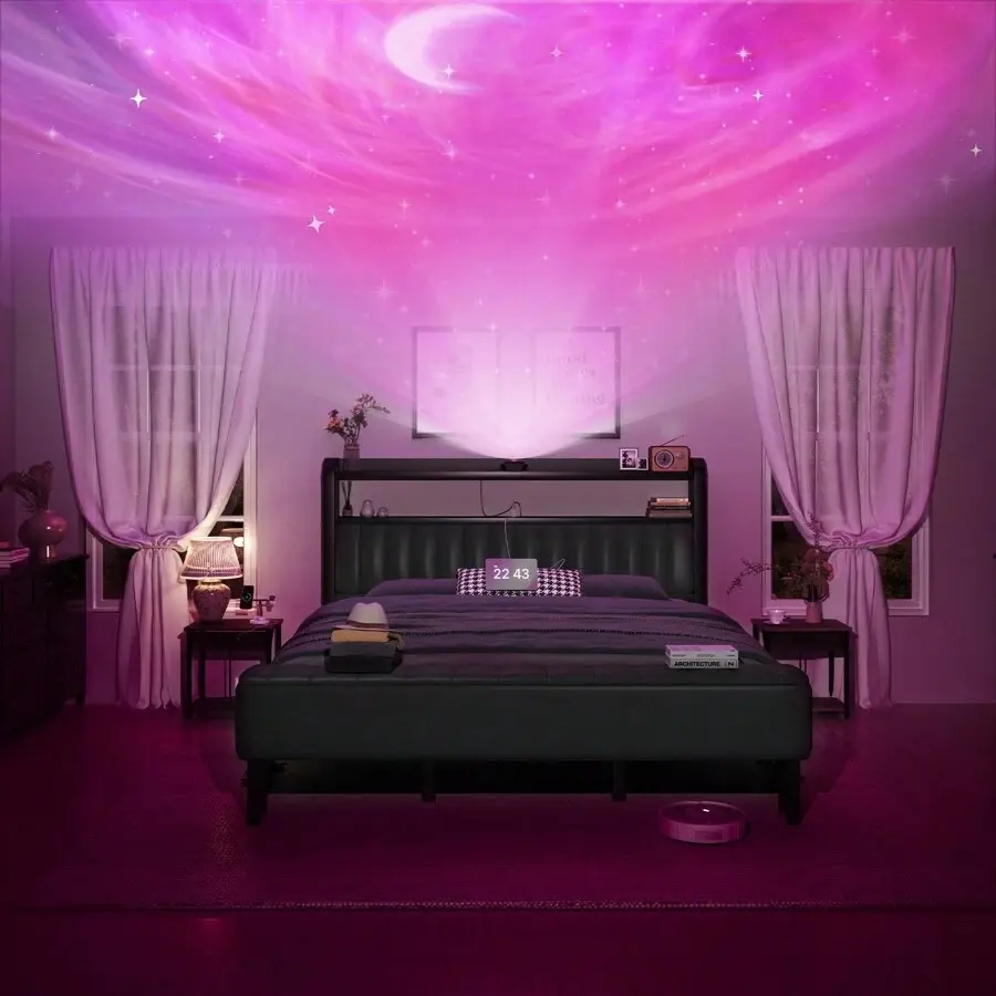 Starry Sky Lamp Design Bed Frame With Cushioned Ottoman, Charging Station, Heavy Duty Feet, Easy To Assemble