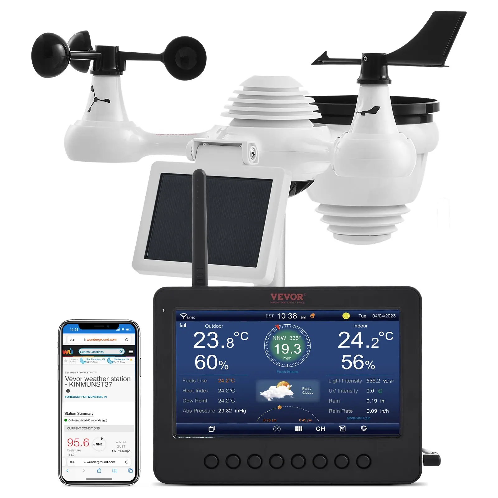 【DealsForYouDays】VEVOR 7-in-1 Wireless Weather Station with Wi-Fi, 7" TFT Colorful Display, Solar-Powered Outdoor Sensor, Indoor Outdoor Monitoring, Includes Temperature, Humidity, Wind Speed/Direction, and Rainfall