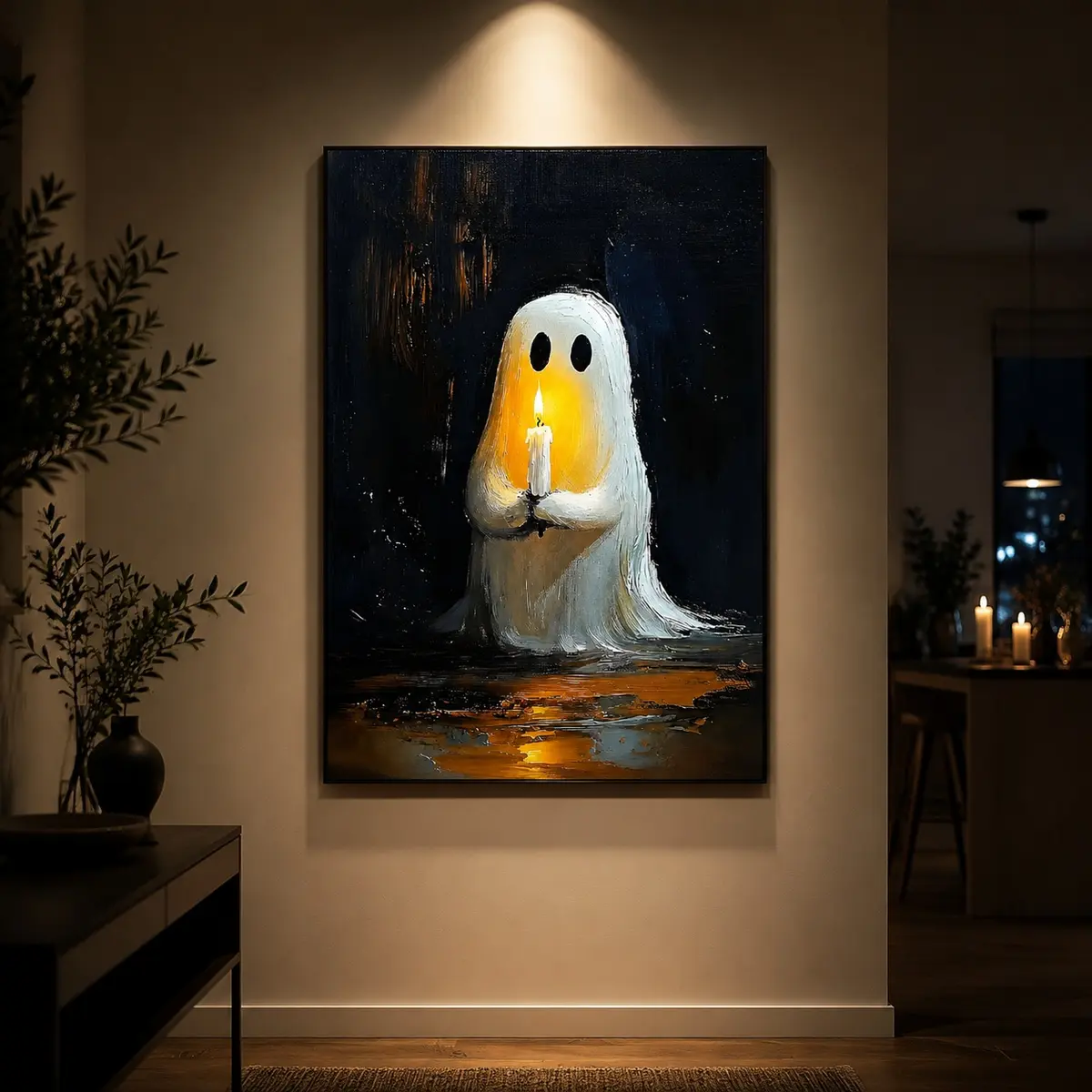Vintage Halloween Cute Ghost Wall Art, Halloween Ghost Holding Candle Canvas Poster, Victorian Goth Dark Academia Horror Print Painting, Living Room Bedroom Wall Decor, Gothic Home Decor, Spooky Aesthetic Artwork, Retro Halloween Decor, Creepy Cute Wall A