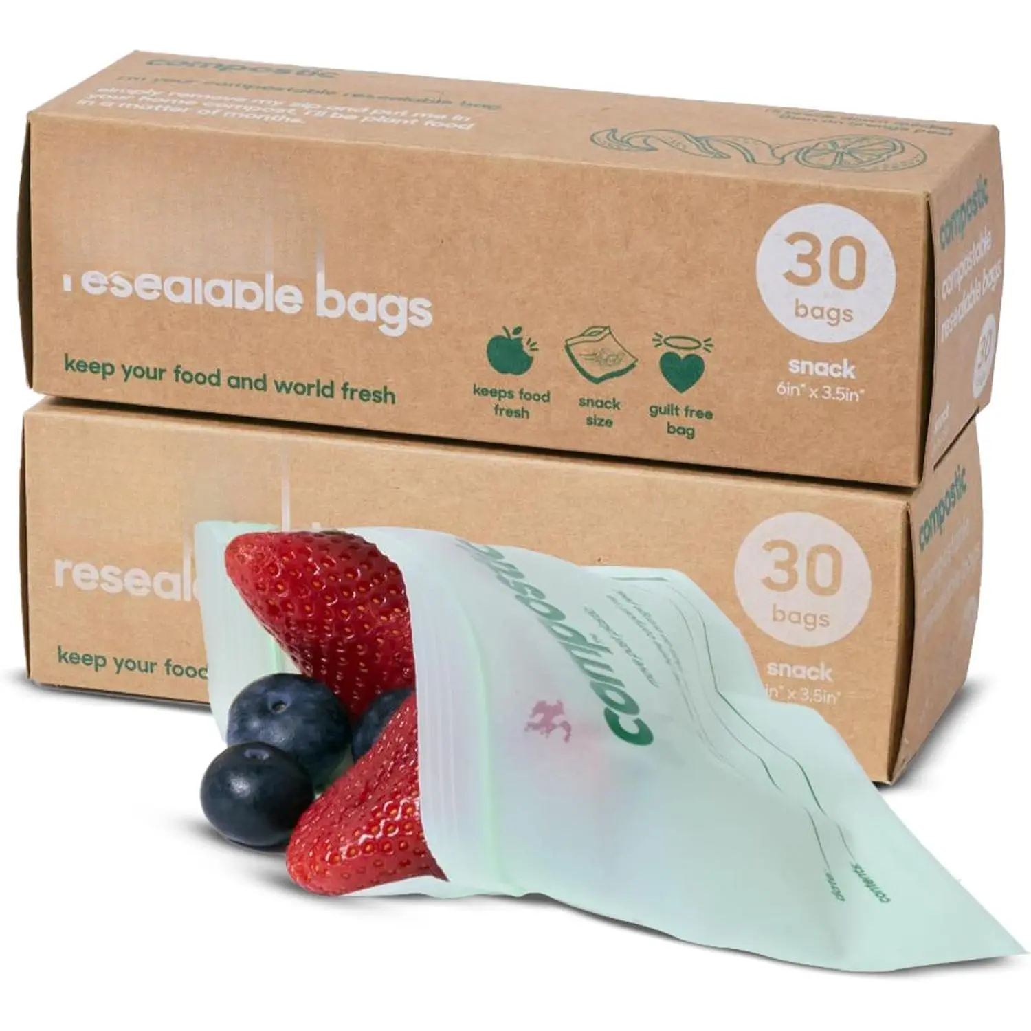 Compostable Snack Bags, 60 Ct Starter Pack, Zip-Seal | Zip-Seal Closure, Freezer Safe,  Compostable in 12-24 Weeks, BPA & GMO Free, DIN CERTCO Certified