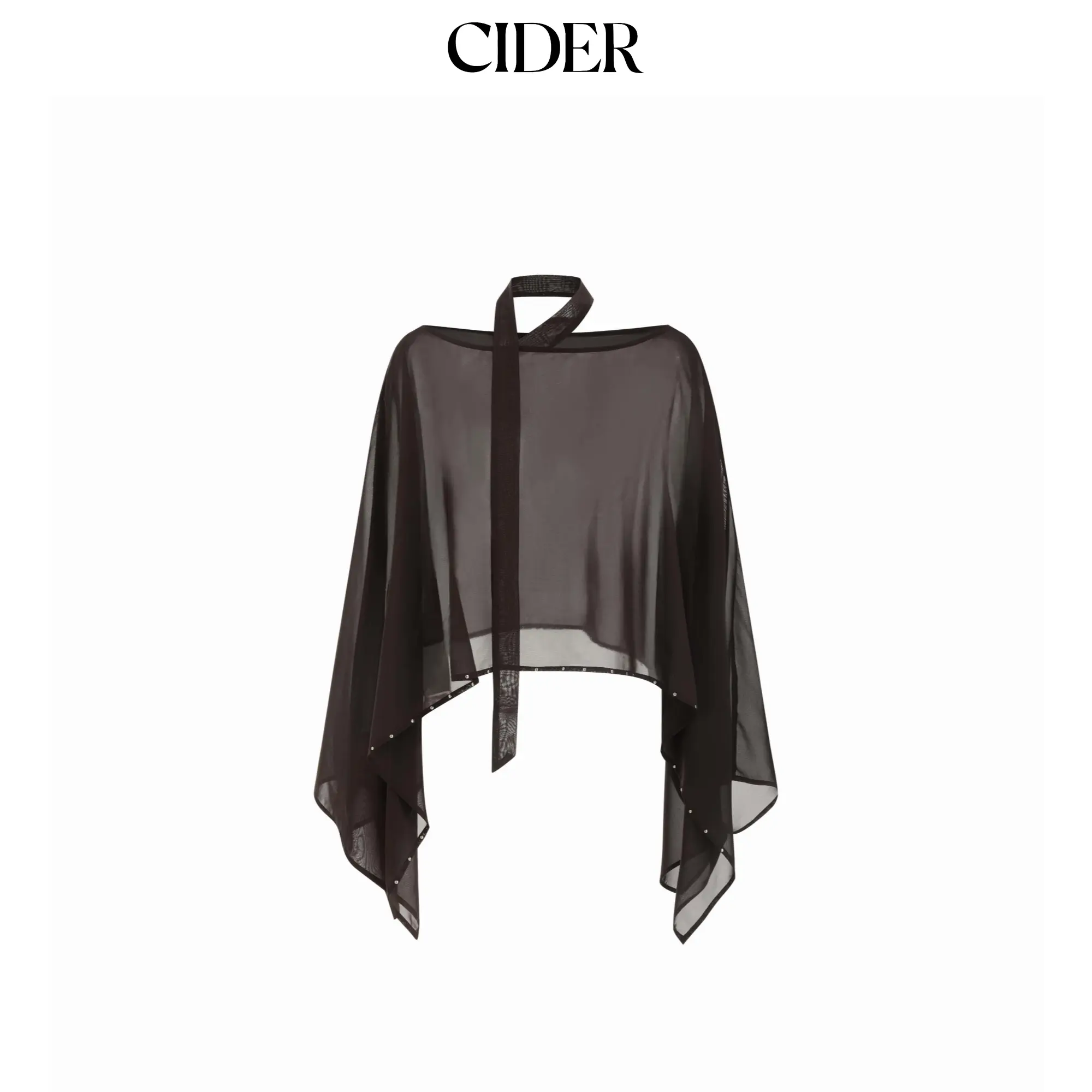 Cider Chiffon Boat Neck Cloak Sleeve See-through Oversized Blouse With Scarf SummerFinds
