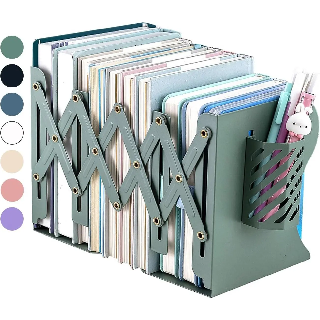 Book Ends, Adjustable Heavy Duty Metal Book Stoppers with Pen Holder for Desk Office Library Kids Room(Green)