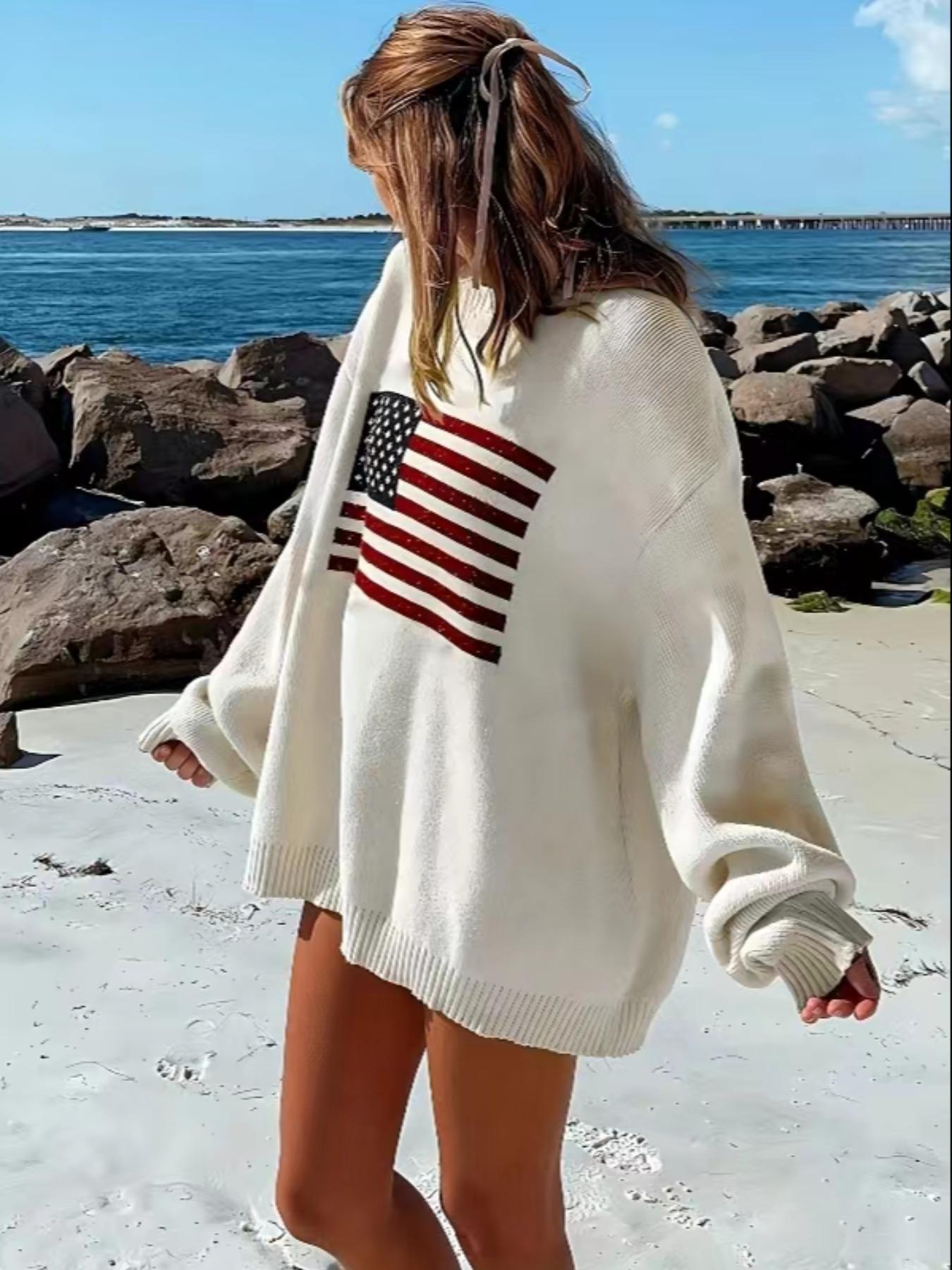 Women's Striped Print Drop Shoulder Oversized Crewneck Sweater, Street Casual Long Sleeve Round Neck Jumper for Spring & Fall, Women's Knitwear for Everyday Wear, Womenswear