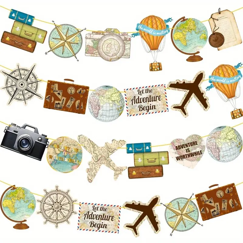 24 travel-themed party banners pull the flag and start an adventure - a retro farewell tour for farewell celebrations and global travel party decorations
