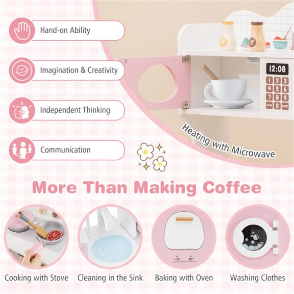 Pink Kids Coffee Kitchen Playset with Microwave Oven Stove for 3+ Years Old