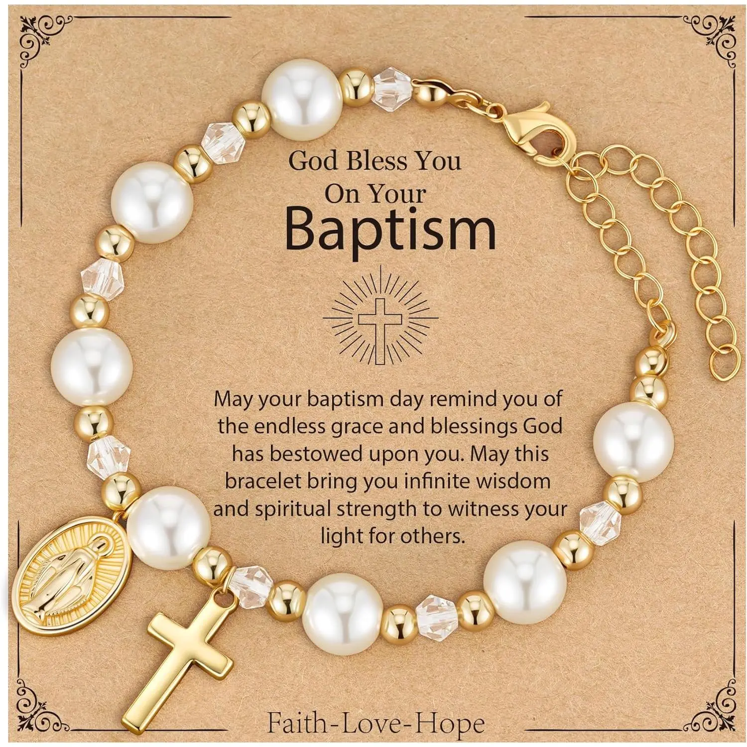 Virgin Mary Cross Bracelet for Girls Granddaughter Christian Jewelry Gift| Virgin Mary Cross Rosary Pearl 14K Gold Plated Bracelet for Girls Granddaughter Daughter Niece Religious Christian Jewelry