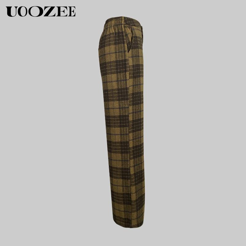 UOOZEE Women's Autumn Winter Retro Classic 2 Piece Blazer Suit, No Belt Pockets Blazer New Long Sleeves Loose Elegant Formal Business Outerwears Jackets & Plaid Pockets High Waisted Loose Full Length Trousers Pants