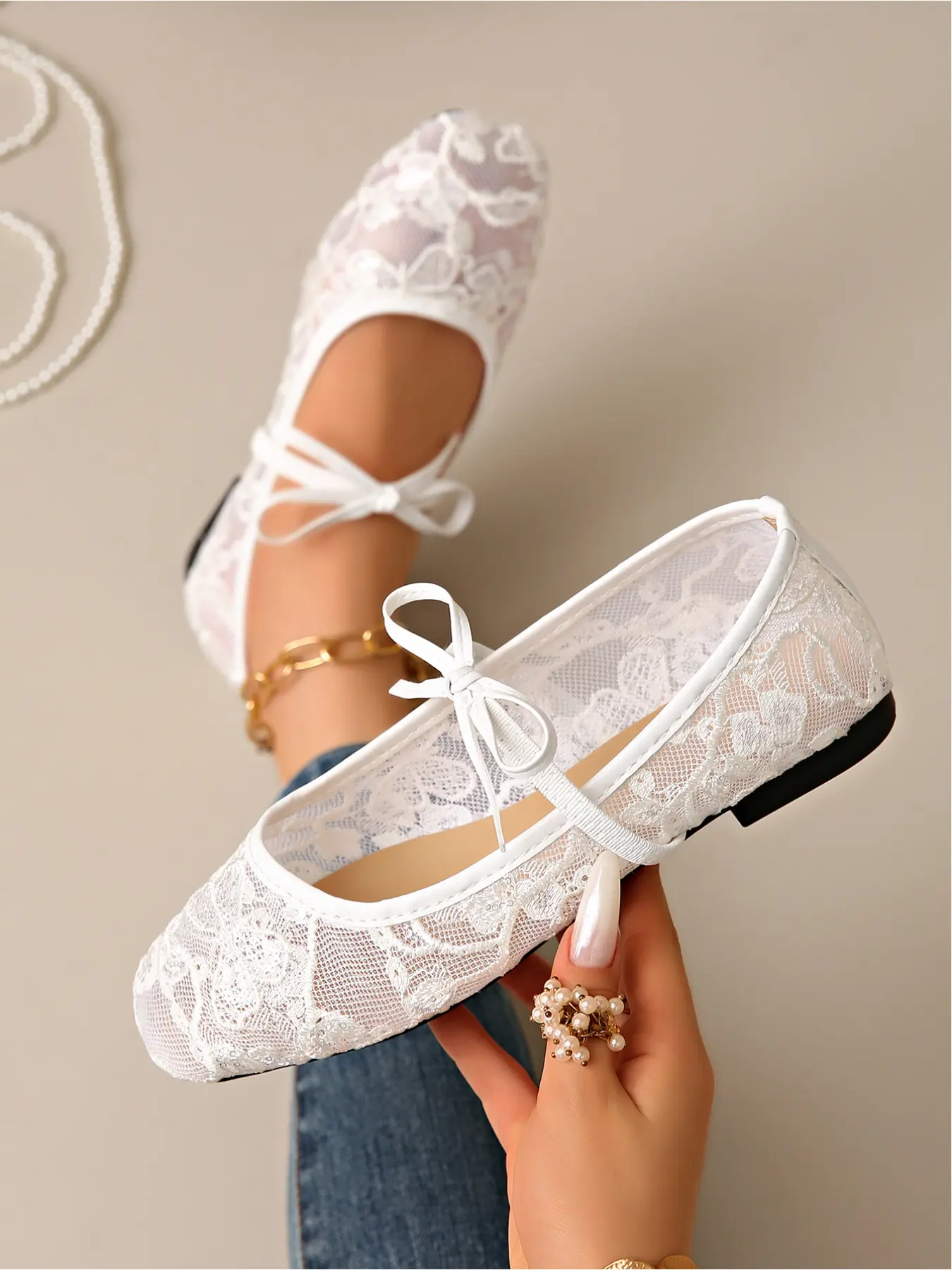 Women Pink Hollow Lace Bow T Strap Mary Jane Flats Square Toe Slip On Casual Ballet Shoes