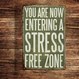 Rustic Metal Wall Sign, "You Are Now Entering a Stress Free Zone" Vintage Decor, Durable Metal Art with Distressed Green Background & White Lettering, Perfect for Home, Office or Garden, Classic Wall Hanging Decoration, Metal Wall Art Decor