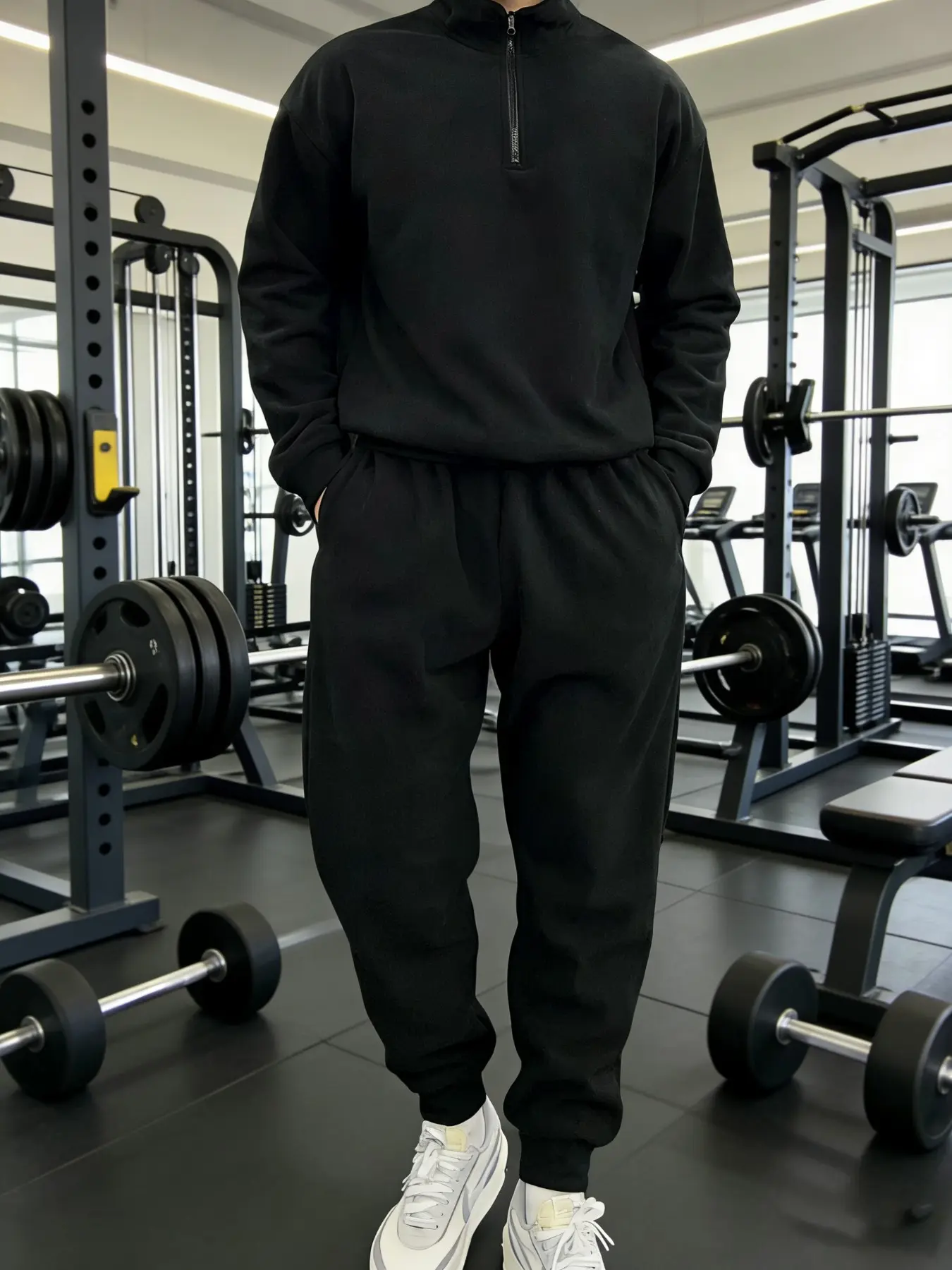 Men's Neck Sweatshirt and Cuffed Sweatpants Set, Solid Color Loose Casual Sportswear, Streetwear for Gym, Travel, Home