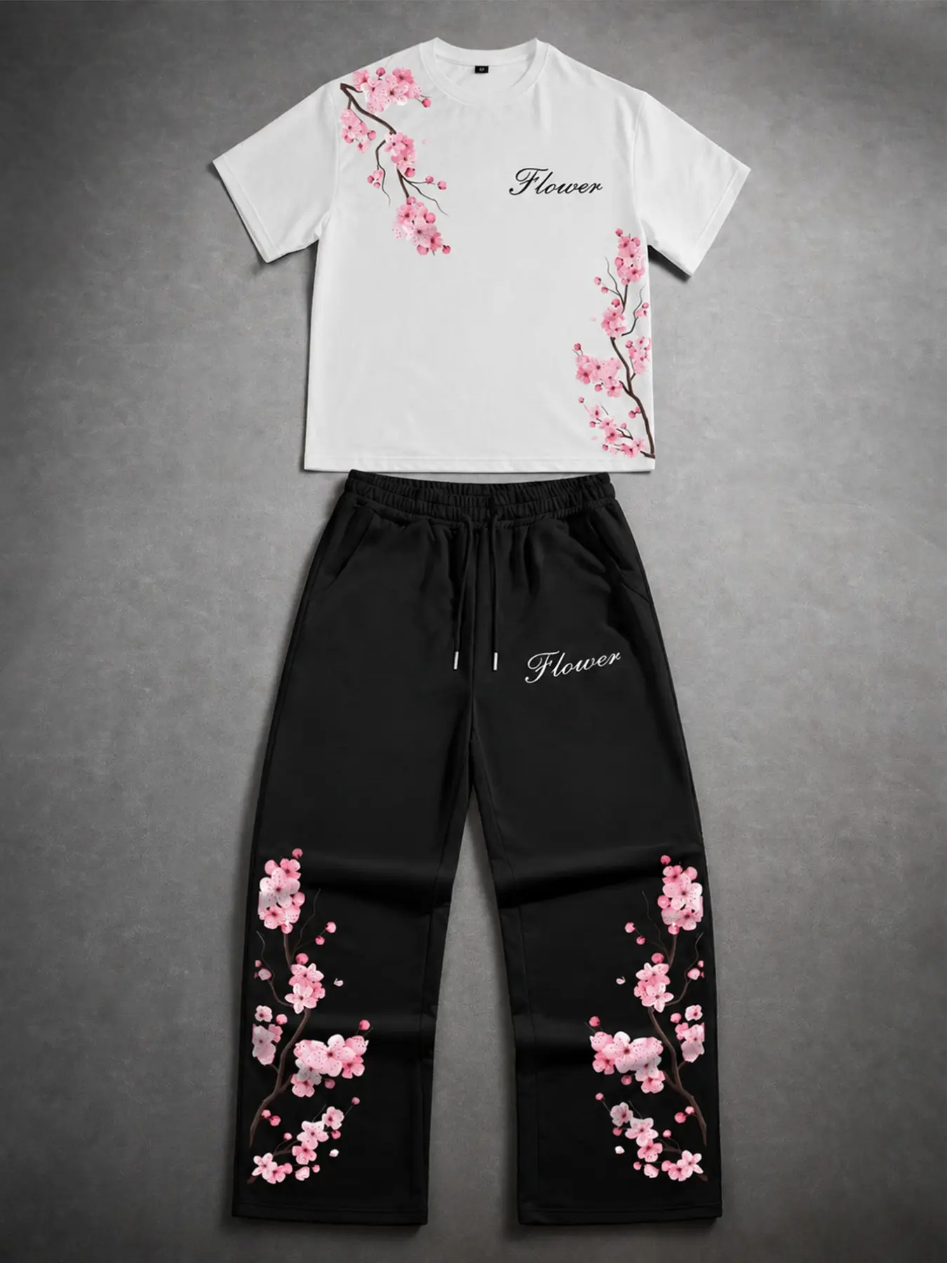 Men's Cherry Blossom Letter Print Short Sleeve T-Shirt and Long Pants Set, Fashionable and Comfortable, Ideal for Daily Wear