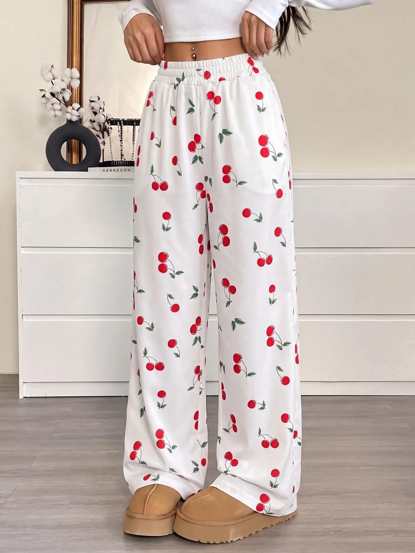 2026 Hot Selling Women White Cherry Print Wide Leg Pants, Elastic Drawstring Waist Loose Casual Trousers, Soft Lightweight Palazzo Pants For Y2K Sweet Girl Street Daily Vacation Loungewear Beach Outfits