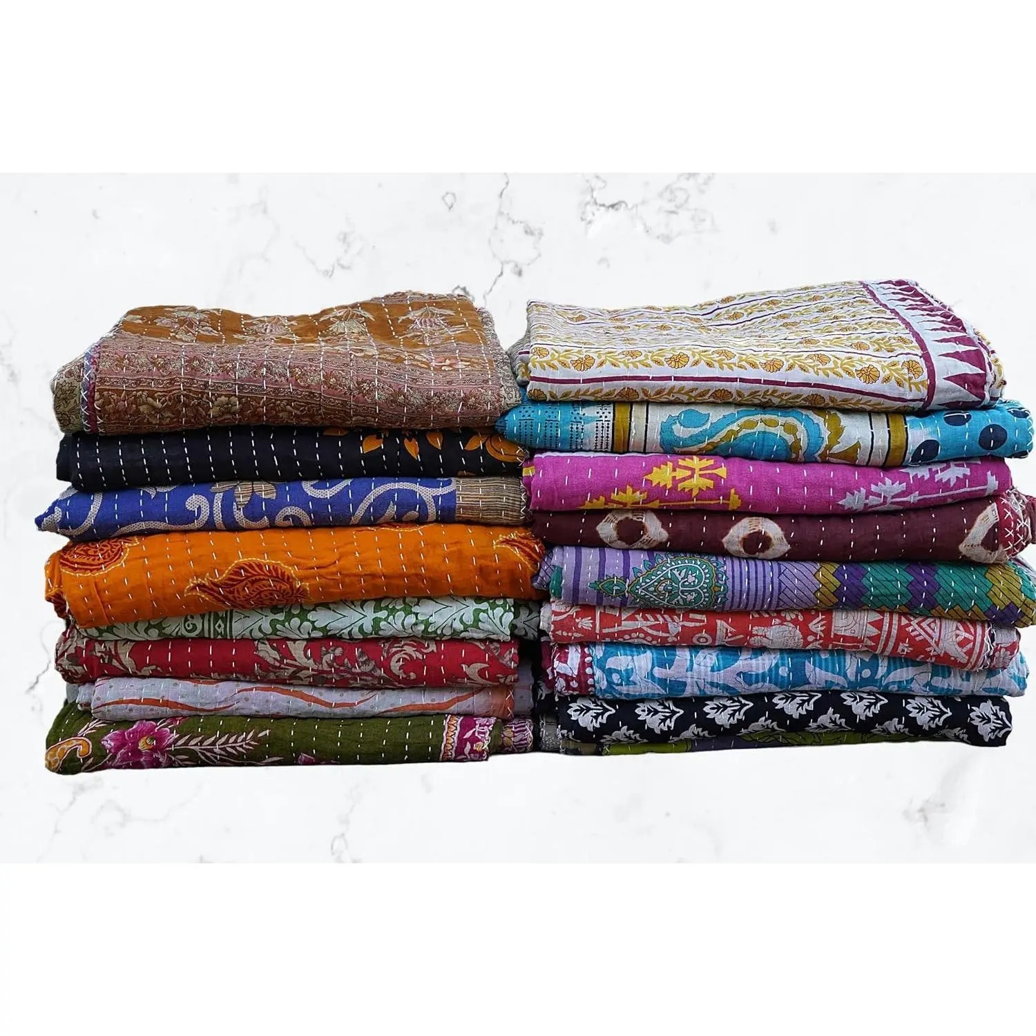 Vintage Indian Boho Reversible Kantha Cotton Quilt Bedspreads Throws Blanket Bedcover Gudari Single Twin