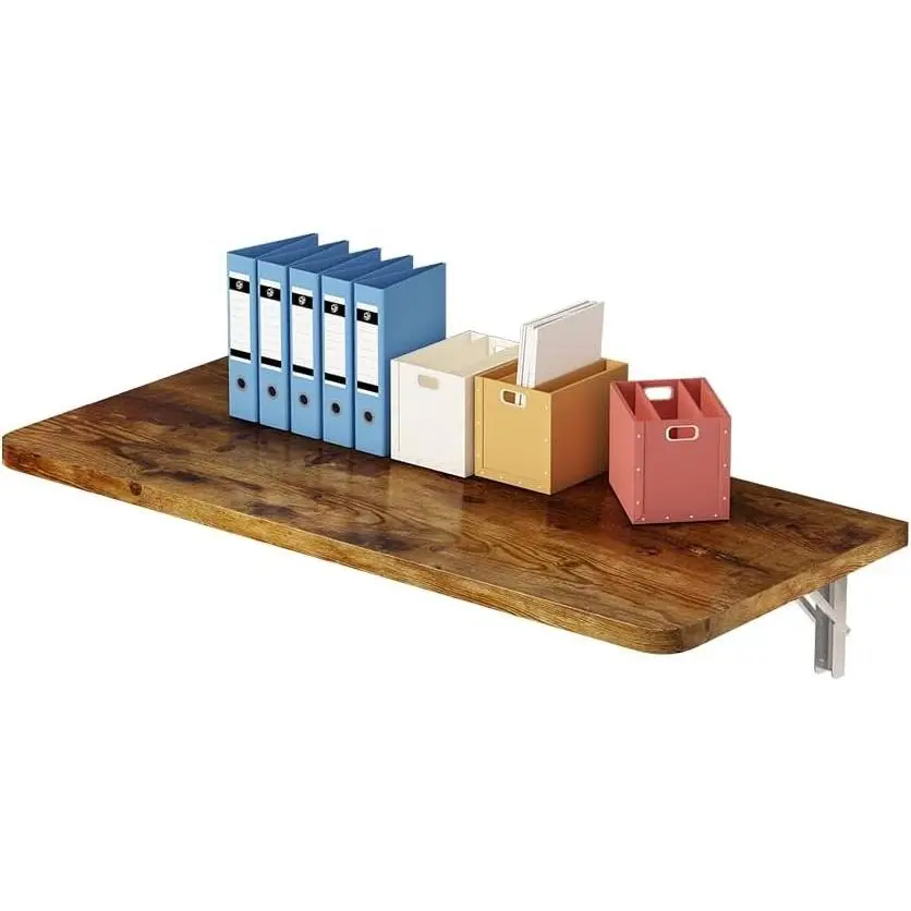 Rustic Wall Mounted Folding Table, Solid Wood Floating Desk with Stainless Steel Brackets, Space Saving Shelf for Home Office, Kitchen, Dining, Laundry Room (60X40cm / 23.63"X15.75")