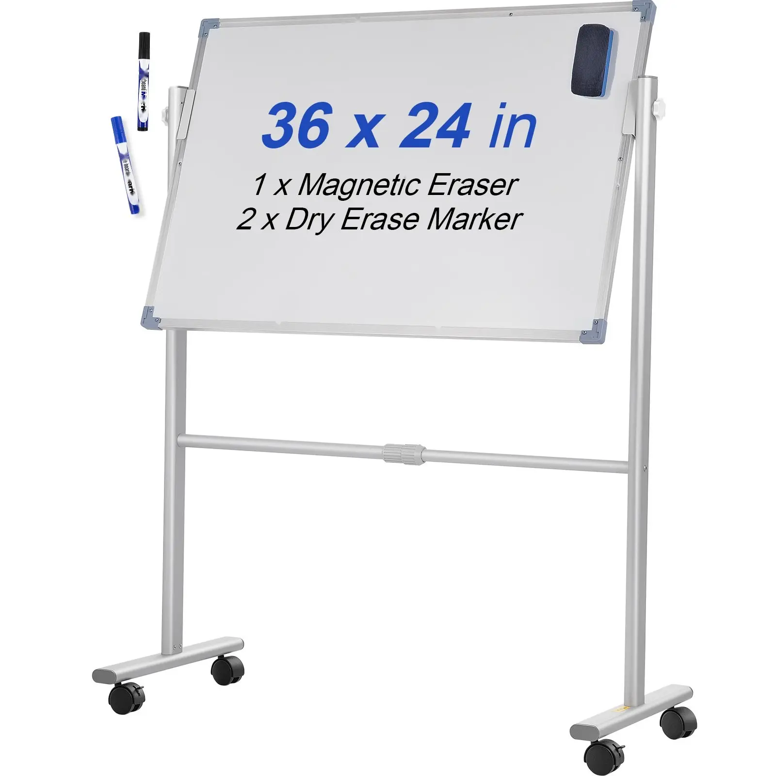 Mobile Magnetic Whiteboard 36 x 24 Inch, Double Sided Dry Erase Board, 360 Degree Reversible Rolling Whiteboard, Height Adjustable Aluminum Frame With Lockable Swivel Wheels For Office, School And Home
