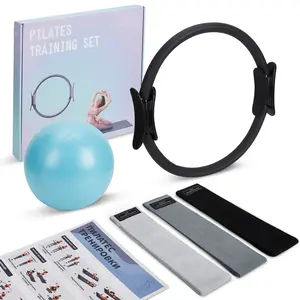 Garvee Complete Pilates Ring & Mini Ball Set – 14'' Anti-Deformation Magic Circle with Padded Handles – Includes 3-Level Resistance Bands, Workout Guide, Carry Bag – Home Pilates Equipment for Core & Muscle Toning – Blue-Black, 38x3cm