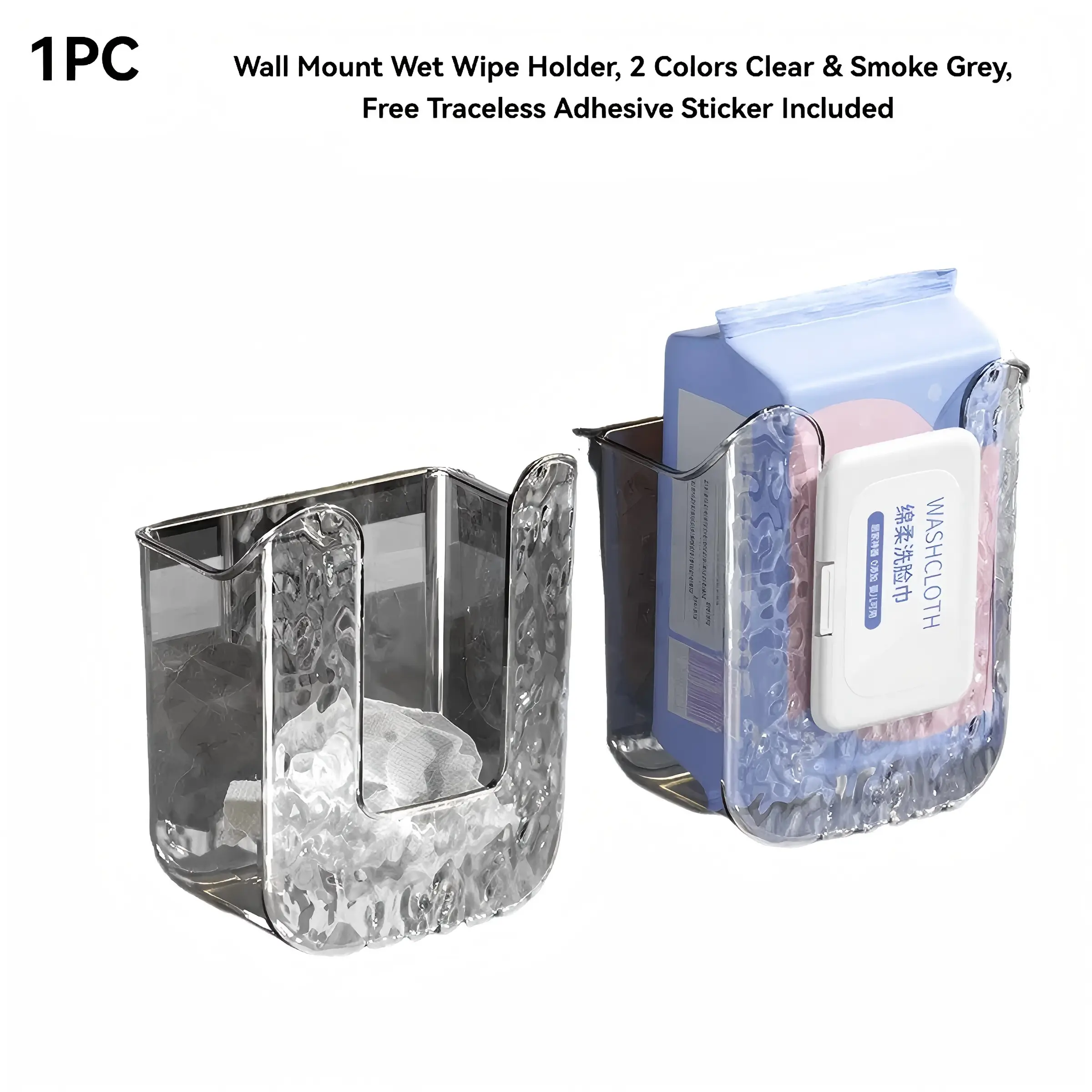No-Drill Wet Wipe Dispenser Wall Mount Holder, PET Adhesive Sticker Tissue Box for Bathroom/Kitchen, Transparent/Grey, Fits 99% Wipes, No Damage, Easy Install