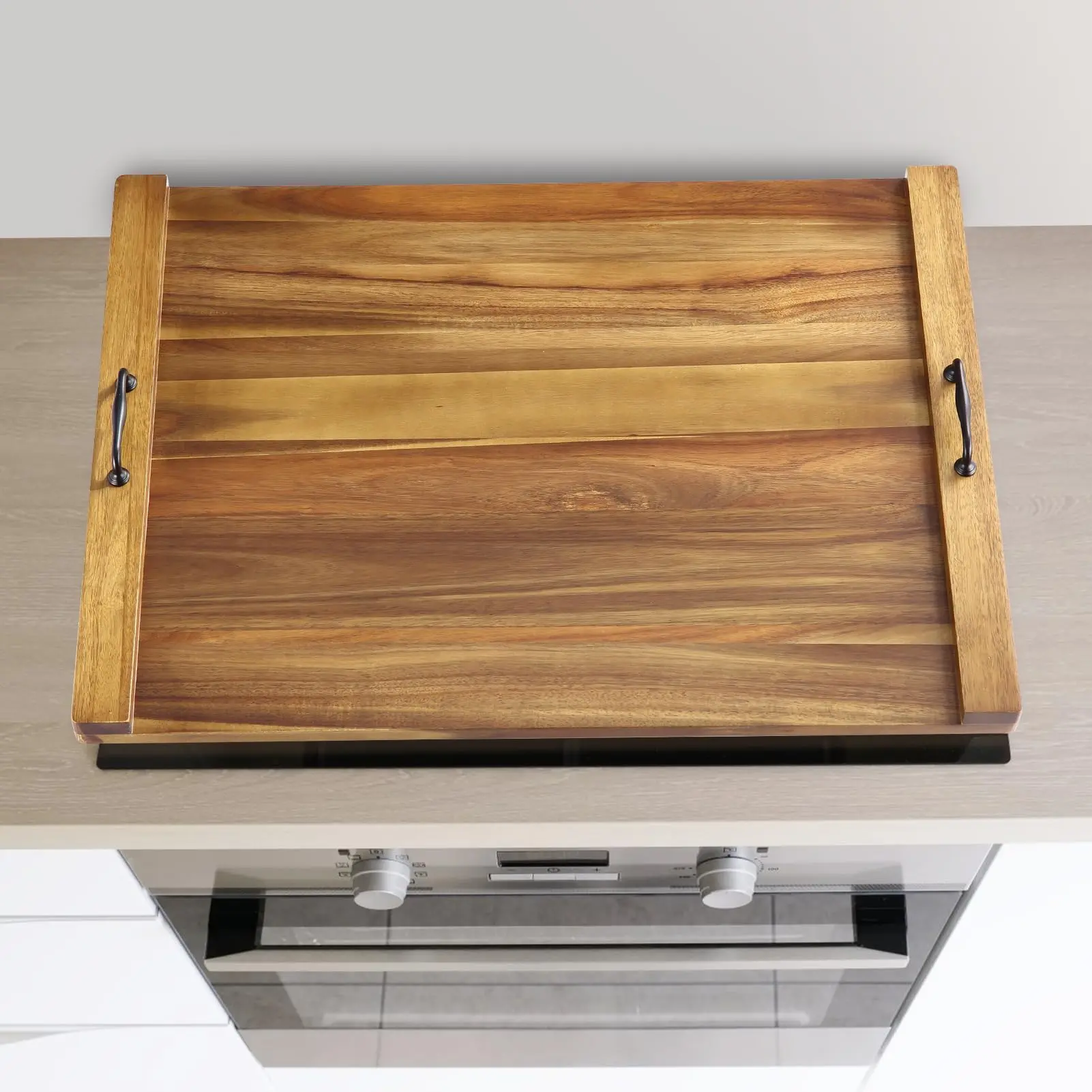 GARVEE Acacia Wood Stove Top Cover and Pasta Board with Handles, 29.5x22x2.5 Inch Multifunctional Wooden Cutting Board, Rustic Tray and Basin Cover for Kitchen Use
