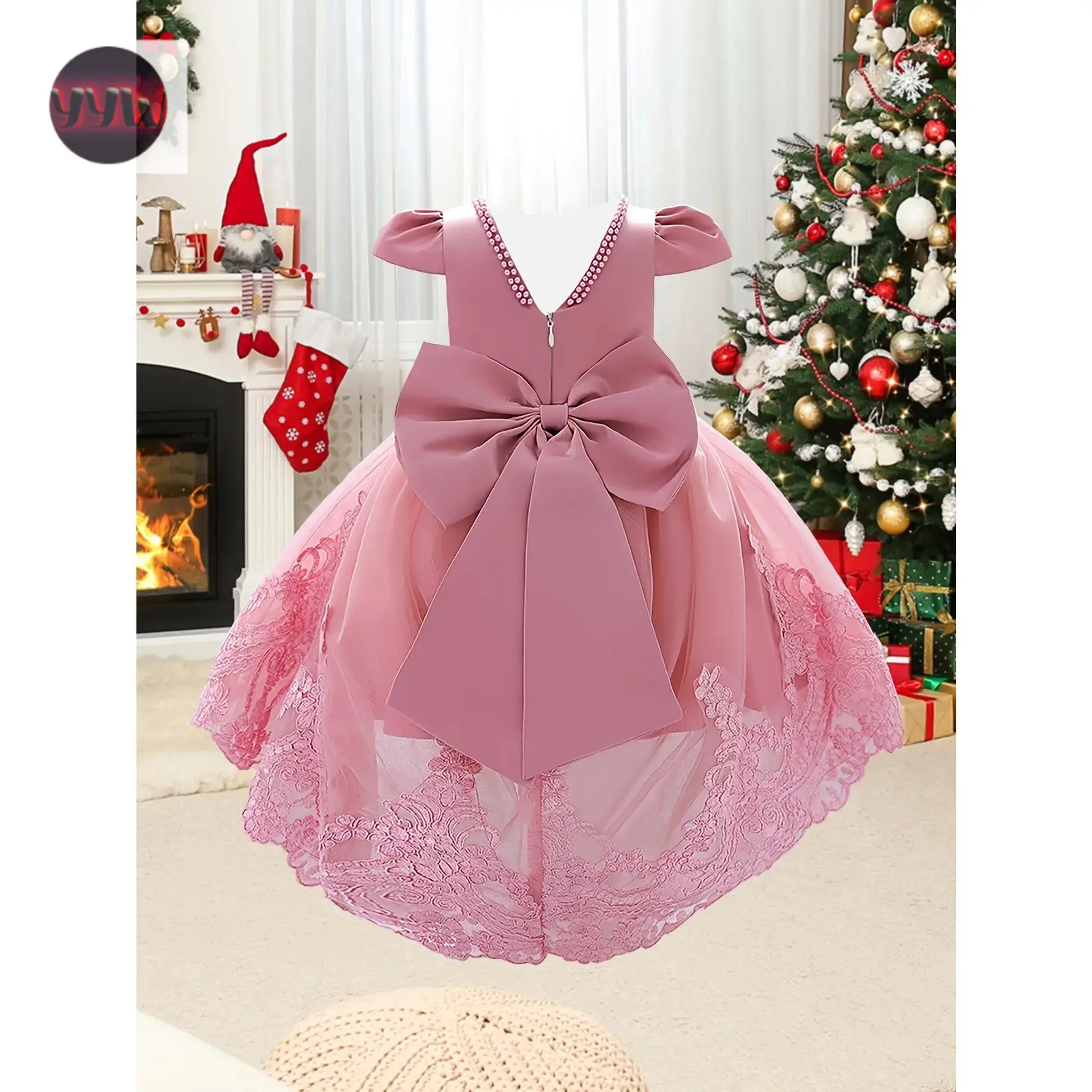 YYW1 Girl's White Princess Christening Dress with Puff Sleeves, Lovely Beaded Bow & Puffy Train, Formal Gown 1st Birthday Party, Lovely Bow Dress, Bubble Dress Girl