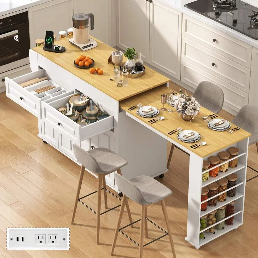 80"-48" Extendable Island With Extended Dining Table And Power Outlet,Large Mobile Storage Islands With 2 Storage Drawers,Islands Cart With 3 Extra Rows Open Shelves